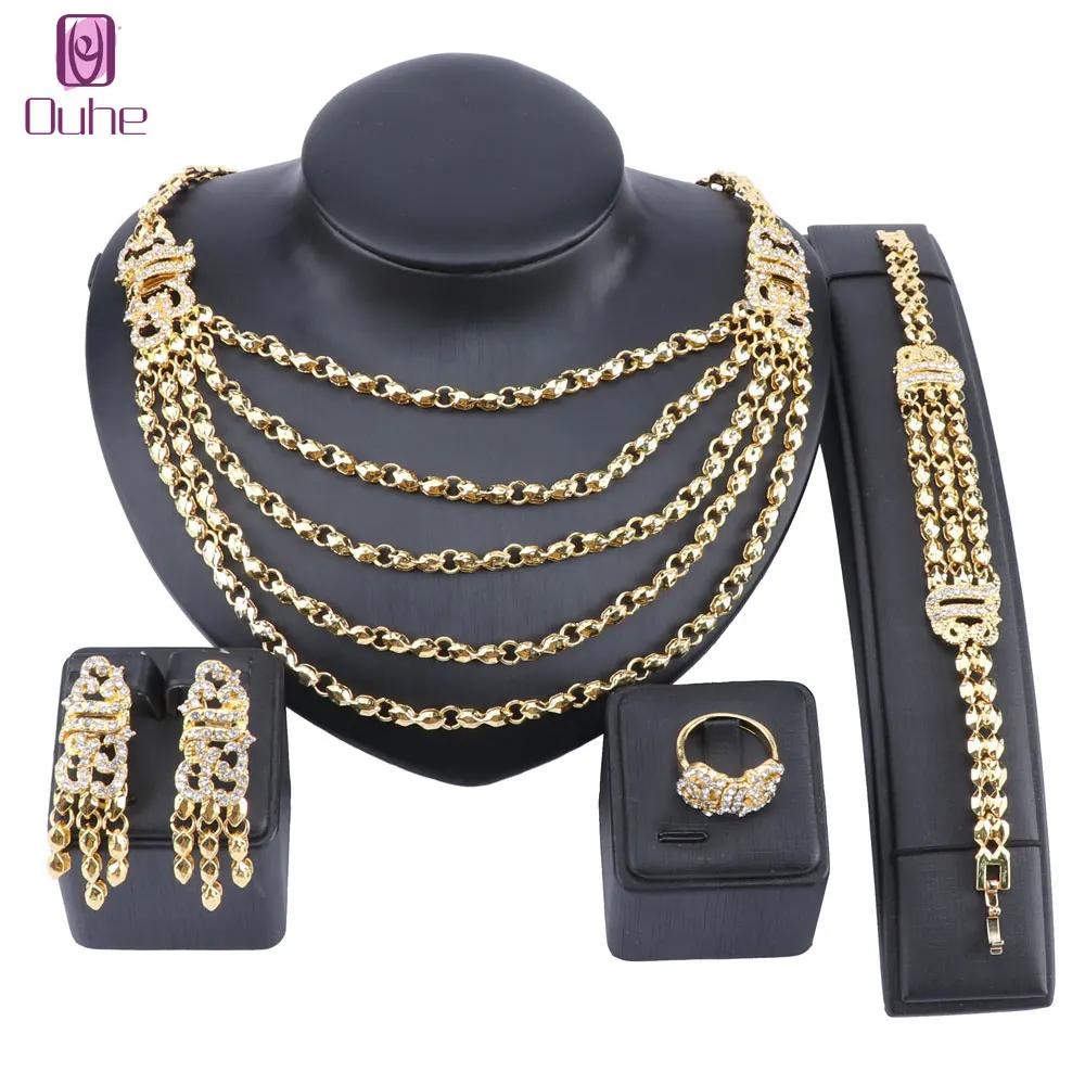 Charm Dubai Gold Color Crystal Jewelry Sets For Women Multi-layer Necklace Earrings Bangle Rings Party Dress Accessories | Украшения и