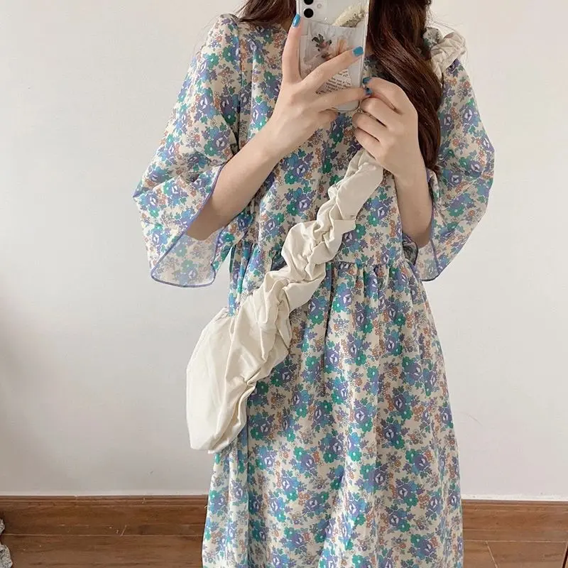 

Women Floral Dresses Butterfly Sleeve Fairy Draped A-line Slim Retro Temperament Tender Vestidos Sweet Folds French Style Daily