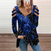 autumn new sexy t shirt womens printed v neck zipper off shoulder long sleeve hollow out t shirt casual loose t shirt