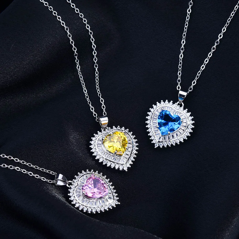 

Titanic Heart of Ocean Jewelry Set Blue Pink Yellow Topaz Heart Love Forever Pendant Necklace Earrings Resizable Ring for Women