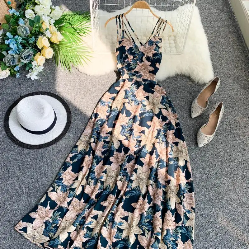 Женское пляжное платье на бретельках летнее с принтом сексуальное открытой