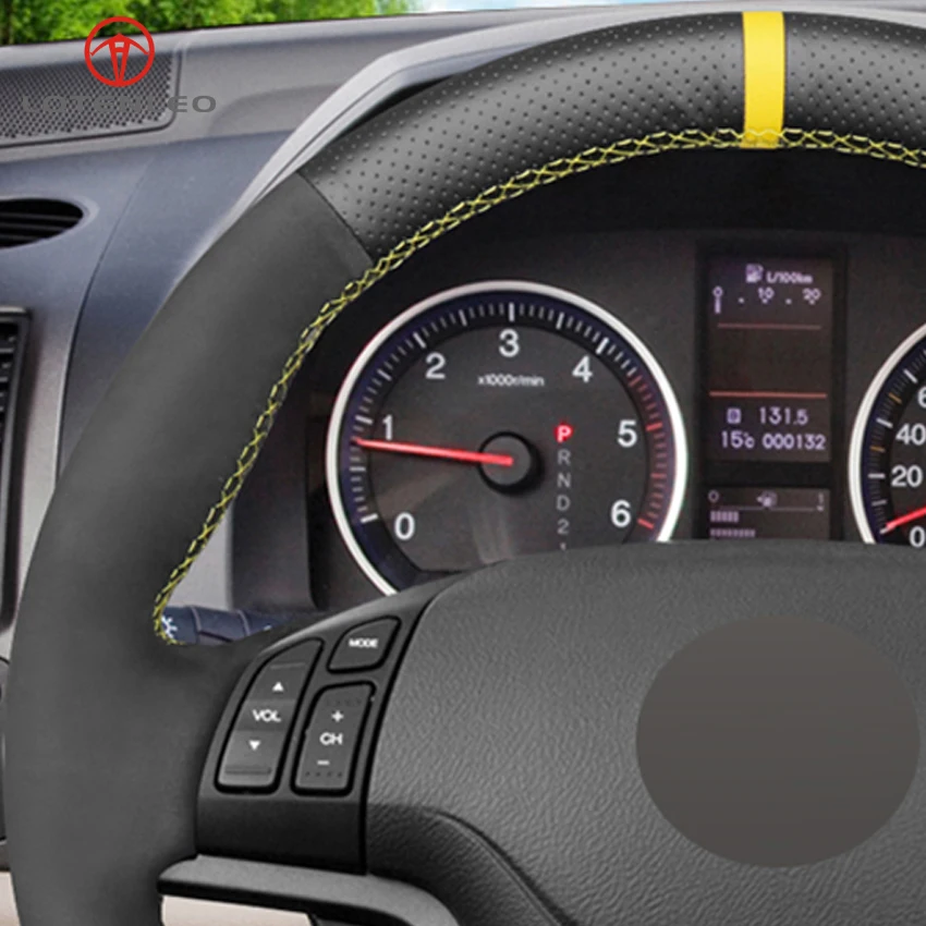

LQTENLEO Black Genuine Leather Suede DIY Hand-stitched Comfortable Soft Car Steering Wheel Cover For Honda CRV CR-V 2007-2011