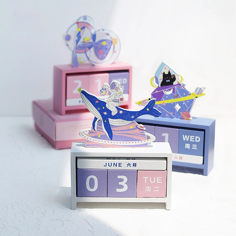 6 Design Wooden Permanent Calendar Table Desk 2022 Office Desktop Decoration Galaxy kawaii Rustic Kids Gift | Канцтовары для офиса