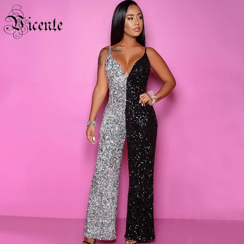 

VC All Free Shipping 2020 New Trendy Color Block Sequins Design Sexy V Neck Backless Celebrity Party Club Jumpsuit