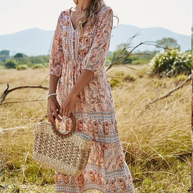 Платье женское шифоновое средней длины с цветочным принтом и V-образным вырезом -