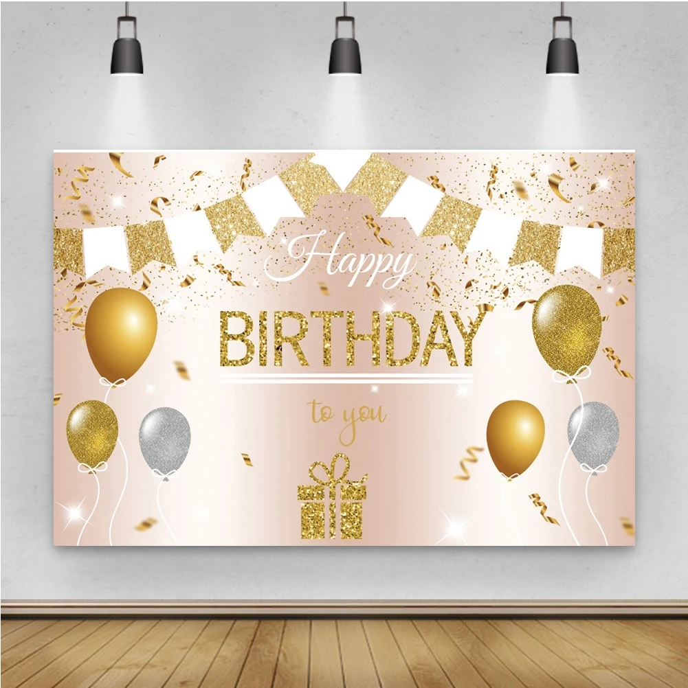 

Laeacco Golden Glitter Balloon Gift String Flag Baby Birthday Custom Backdrop Photographic Photo Background For Photo Studio