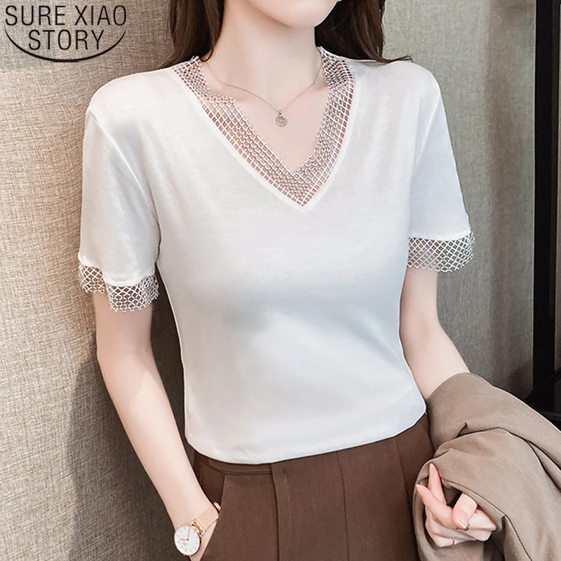 

Korean fashion women blouse tops short sleeve Clothes Shirts Summer New Shirt V-neck Cotton Blouse Loose White blusas 13592