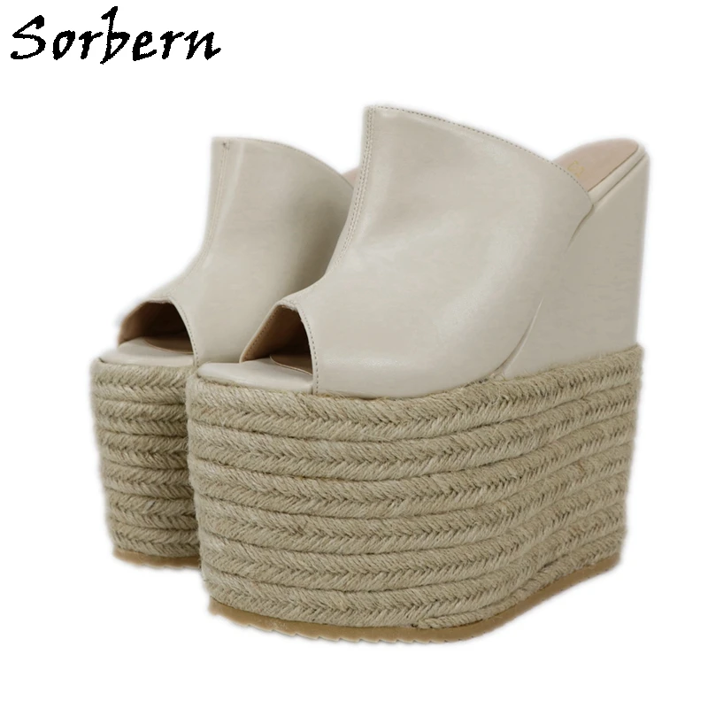 Sorbern Cream Women Sandals Slip On Rope Platform Wedges High Heel Open Toe Custom 15-30Cm Extreme Shoes For | Обувь