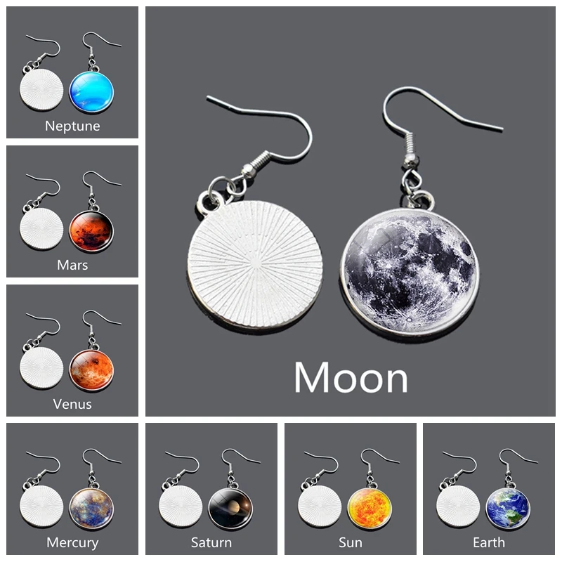 Женские Висячие серьги с крючком Moon Sun Earth Mars Jupiter Planet стеклянные ручной работы