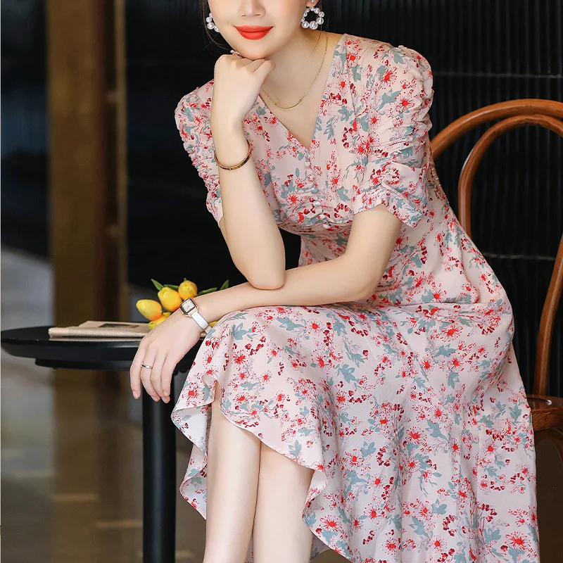 

Woman Printed Midi Dress 100% Silk Fashion Dresses 2021 Spring Summer Mulberry Silk Floral Dresses