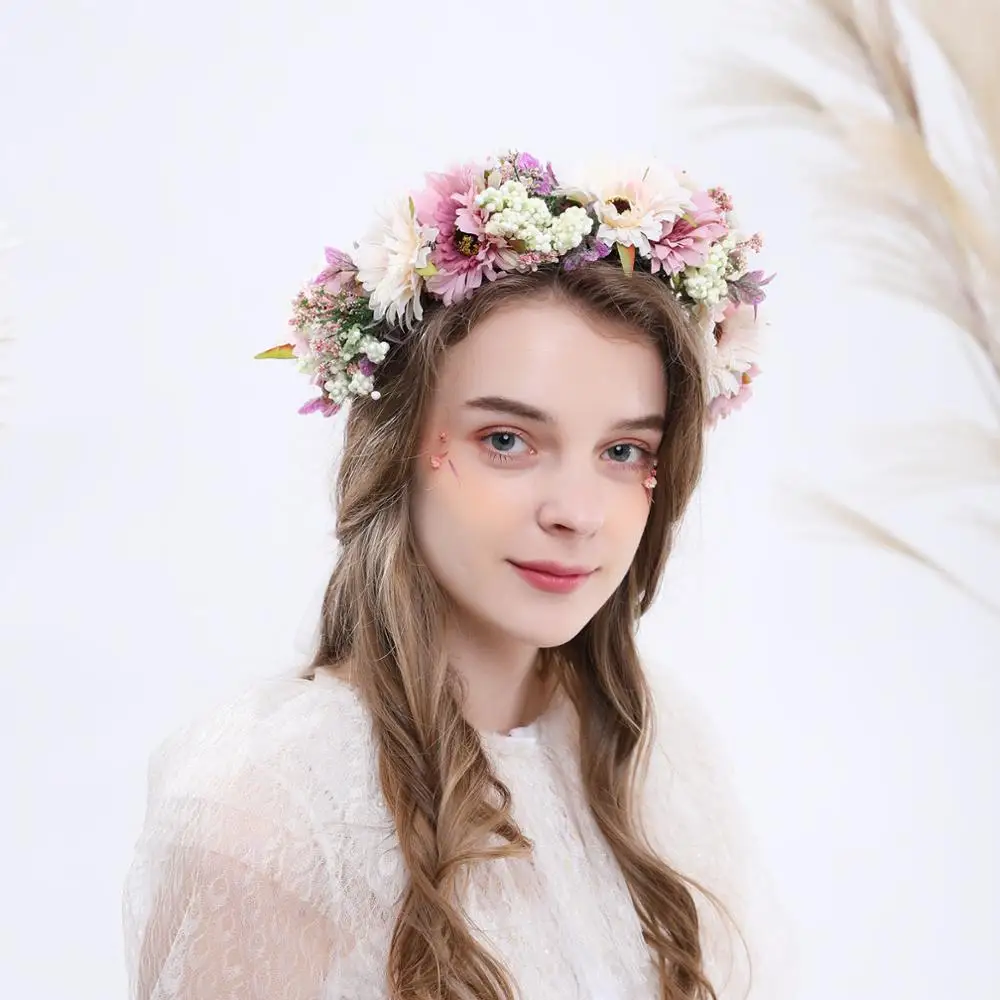 

Flower Crown Wedding Bohemian Wreath Hairband Party Floral Girl Hair Accessories Flower Headband Garland Headpiece