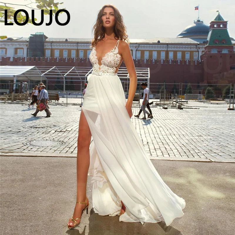 

LUOJO Beach Wedding Dresses 2022 Sexy V neck Side Split Top Lace Wedding Gowns Chiffon Backless Boho Bridal Dress robe de mariee
