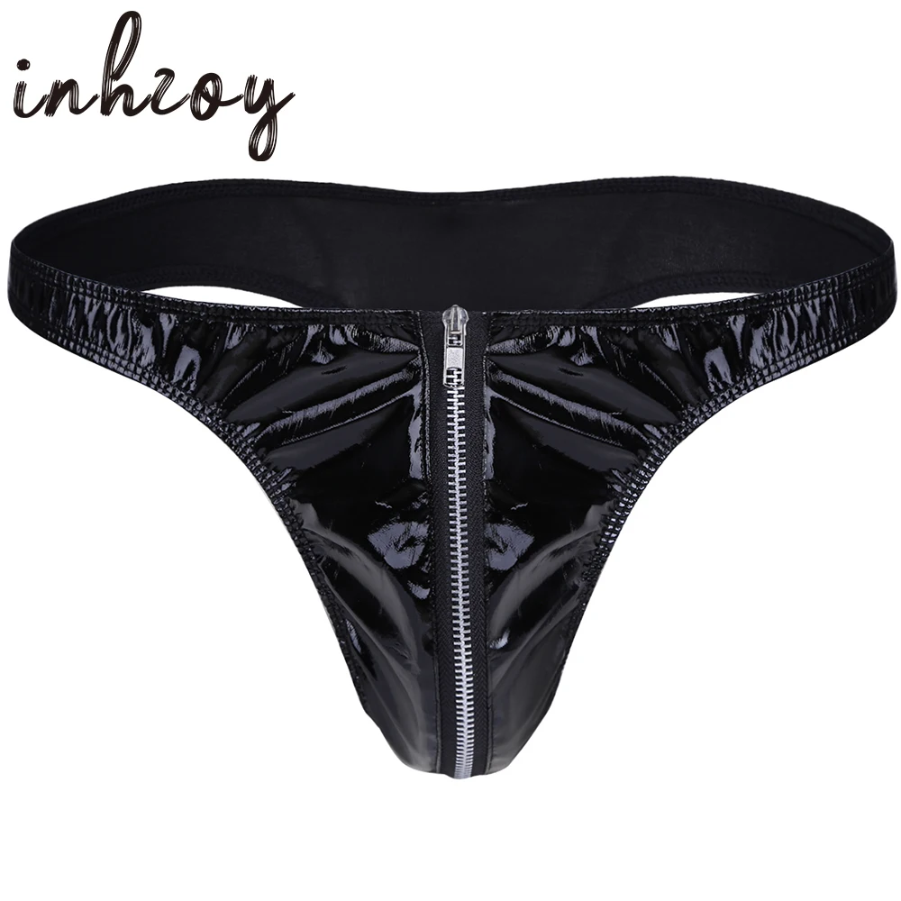 

inhzoy Men G-String Thong Lingerie Patent Leather Briefs Bikini Underwear Sexy Male Sissy Underpants With Zipper Plus Size M 2XL