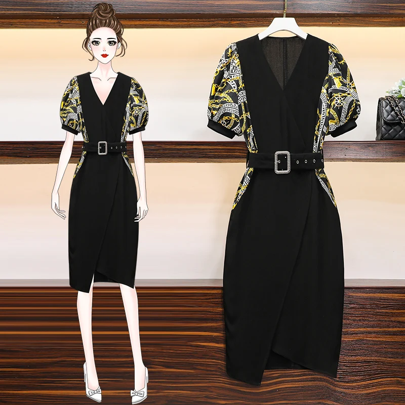 Женское летнее длинное черное платье миди с поясом большого размера плюс