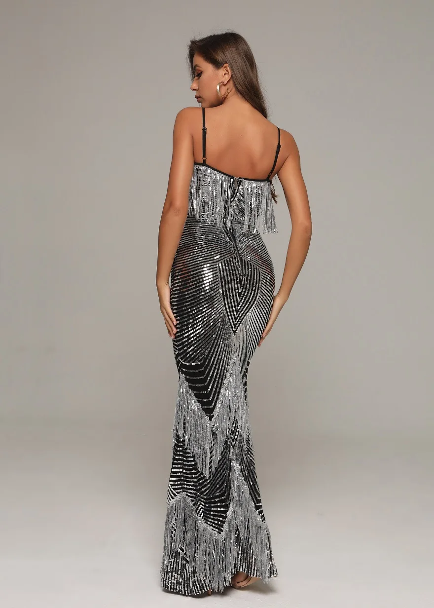 

Elegant Celebrity Fashion Party Dresses Long Tassel Style Christmas Wedding Club Sexy Dress Women