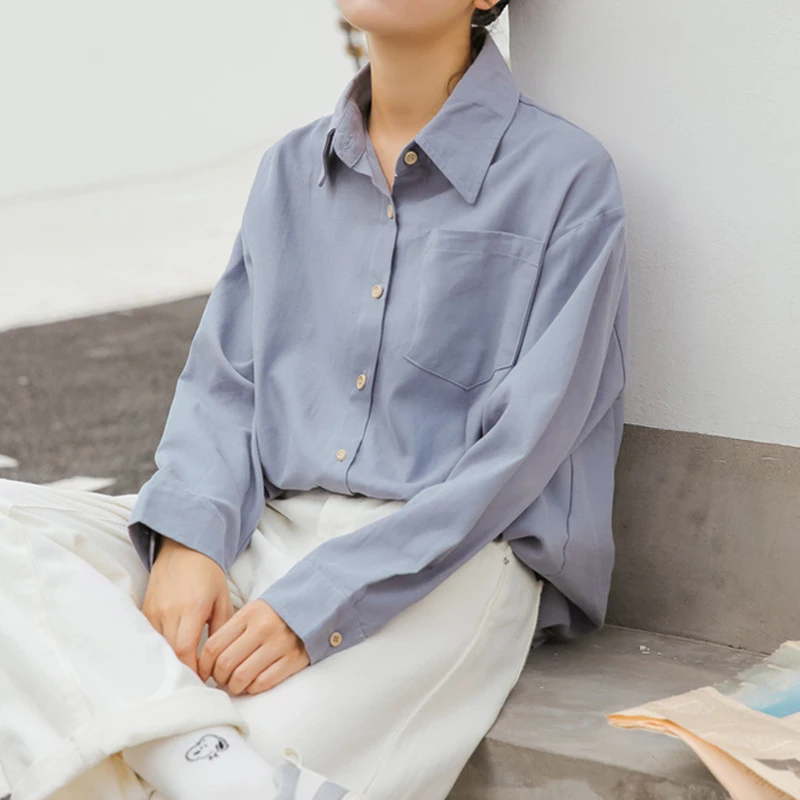 

Autumn 2020 fresh and sweet loose shirt female open button solid color long-sleeved cardigan lapel college style