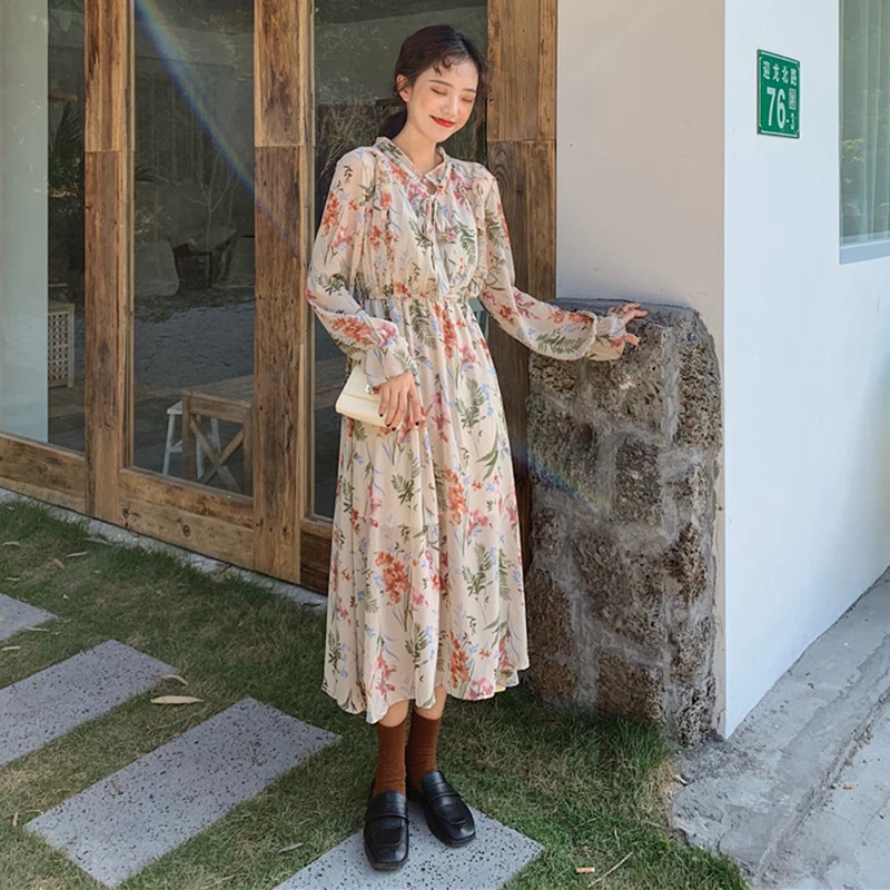 Осень 2019 платье с цветочным принтом женское шифоновое воротником стойкой и