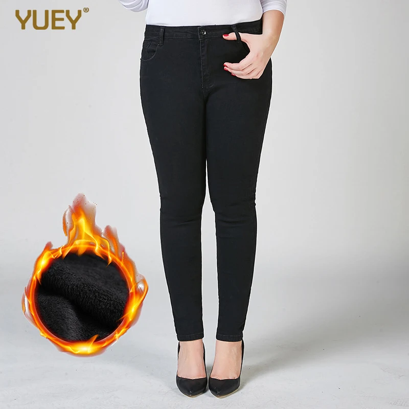 Женские джинсы размера плюс с бархатом облегающие черные зимние джинсовые брюки