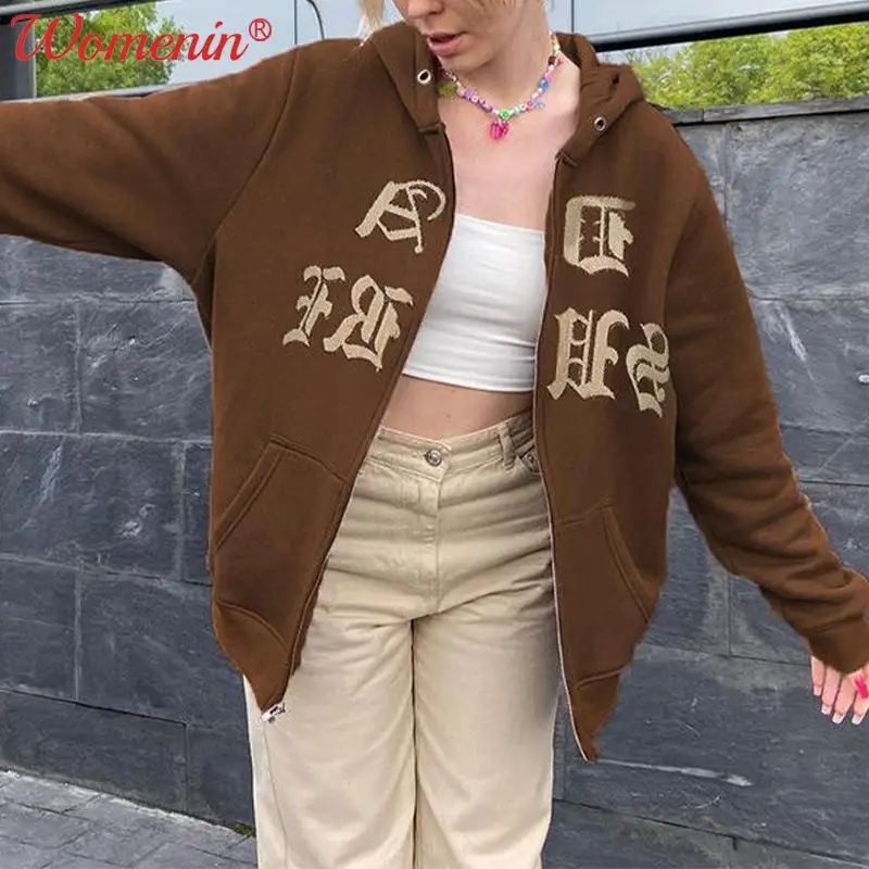 

Vintage Embroidery women's Hoodie Long Sleeve Brown Zipper Casual Sweatshirts Woman 2022 Spring New Loose Plus Fleece Hoodies