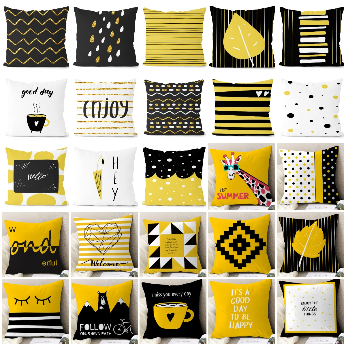 

Hot Creative Yellow Black White Geometry Pillows Case Cartoon Kids Room Decorative Cushions Case Nodic Simple Sofa Throw Pillows