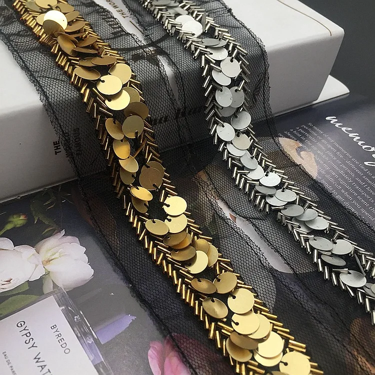 1 ярд золотые бусины блестки сетка кружевная лента блестящая отделка ткань