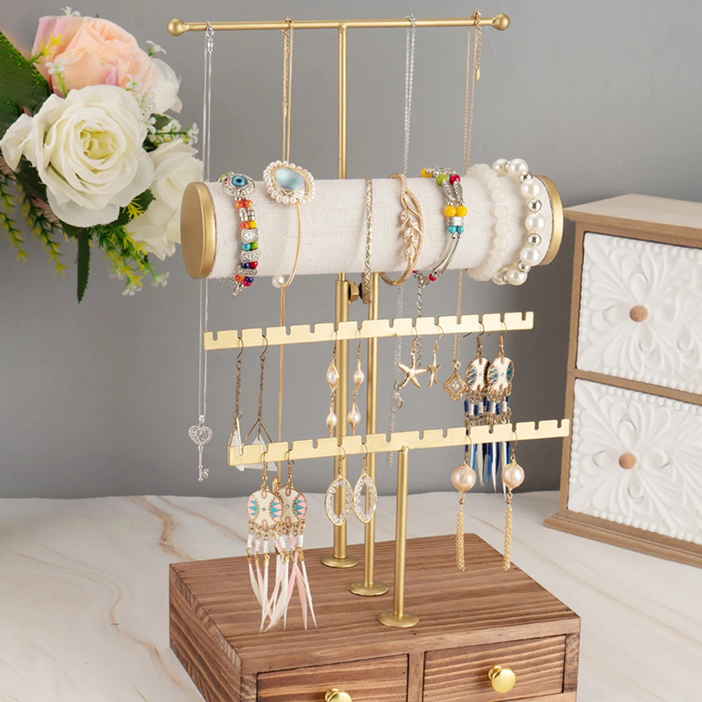 3 Tier Jewelry Stand Tower with Wooden Drawer for Earring Necklace Pendant Display Stand Jewelry Organizer Holder Showcase