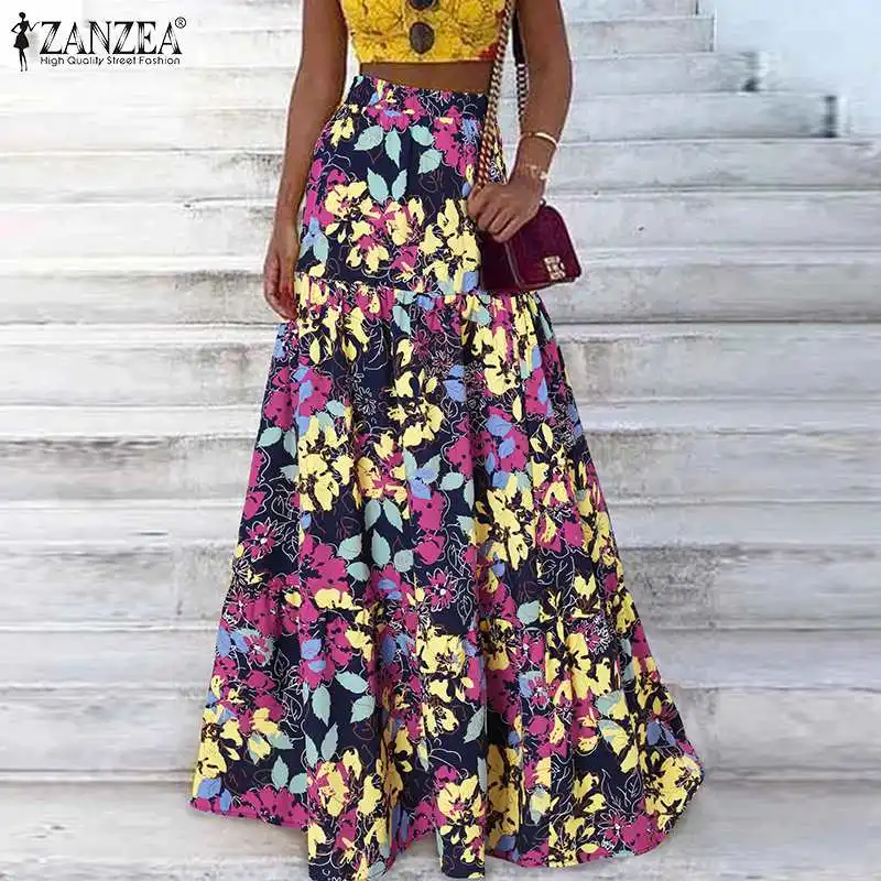 

Женская длинная юбка с эластичным поясом, Повседневная пляжная юбка макси с цветочным принтом, лето 2021