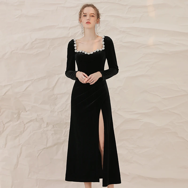 

Fashion Women Black Velvet Dress Elegant Square Collar Full Sleeve Dress Slim Solid Dress Ankle-length