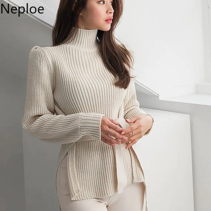 Neploe/осень-зима Женский однотонный водолазка пояс с высокой талией свитер мягкий