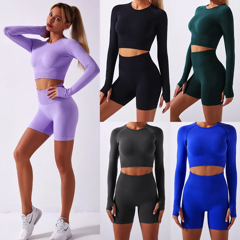 

Summer Sport Set Women Two Piece 2PCS Long Sleeve Crop Top T-Shirt Booty Shorts Workout Outfit Fitness Clothes Gym Suit Yoga Set