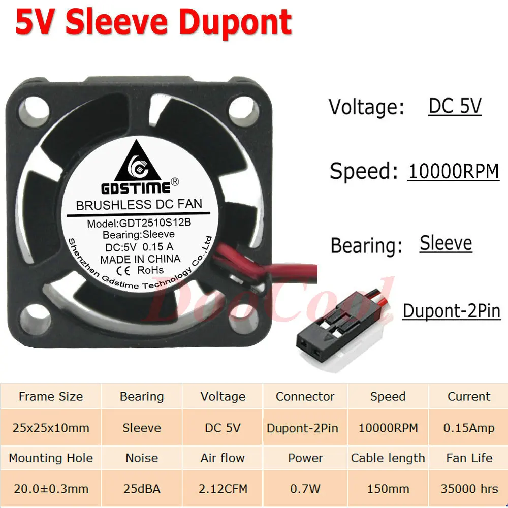 5V Sleeve Dupont 5 шт. Gdstime с фокусным расстоянием 25 мм 25x25x10 мм 2Pin JST Dupont 5 В, 12 В, 24 В постоянного тока, 2510 рукав Шаровая Опора радиатора мини Бесщеточный Охлаждающий вентилятор Cooler - Цвет лезвия: 5V Sleeve Dupont