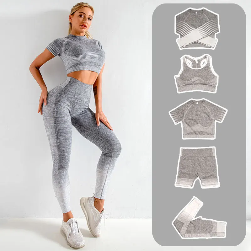 

Yuerlian 2/3/5PCS Spandex High Waist Seamless Yoga Set Long Sleeve Crop Top Gym Leggings Workout Top Sport Tights Sportswear