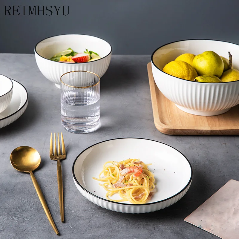 

1PC RELMHSYU Nordic Style Ceramic Round Ceramic Rice Noodle Soup Bowl Steak Dessert Pasta Dinner Plate Dish Home Tableware