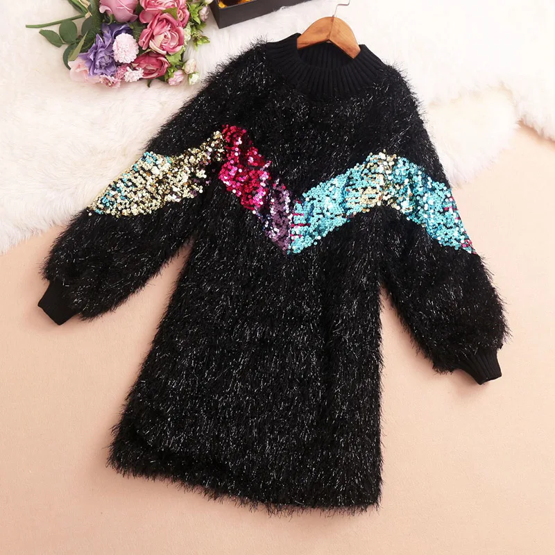 Женское платье с блестками прямое водолазка длинным рукавом и бахромой женское