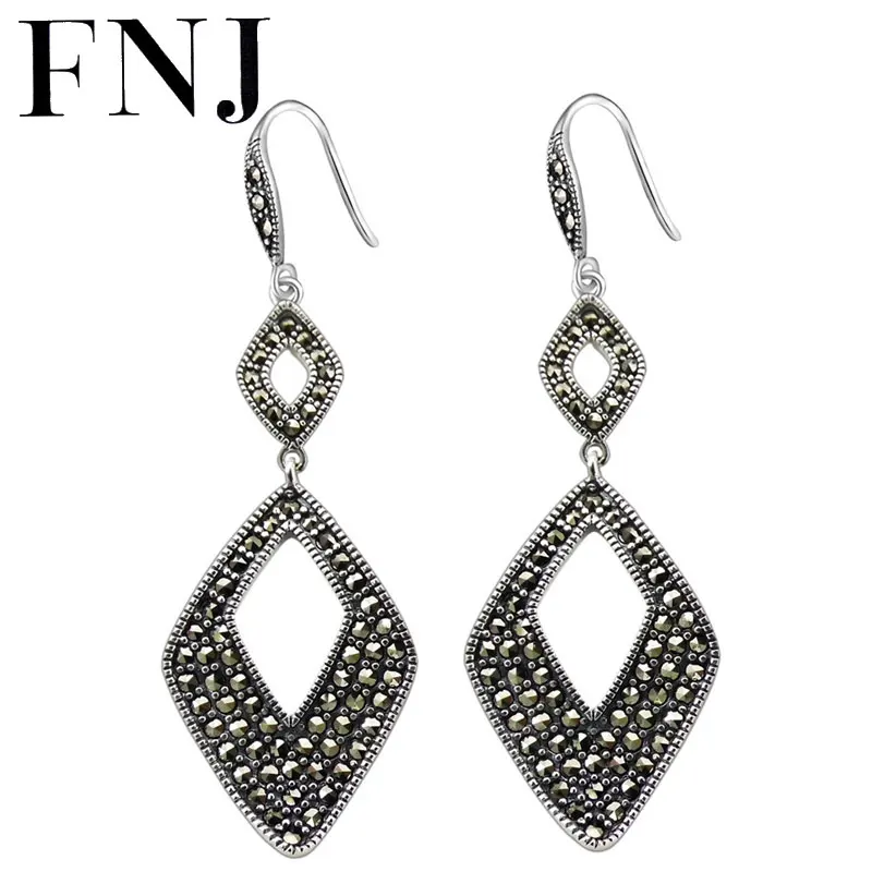 

FNJ Rhombus Earrings 925 Silver New Fashion MARCASITE Original S925 Sterling Silver Drop Earring for Women Jewelry