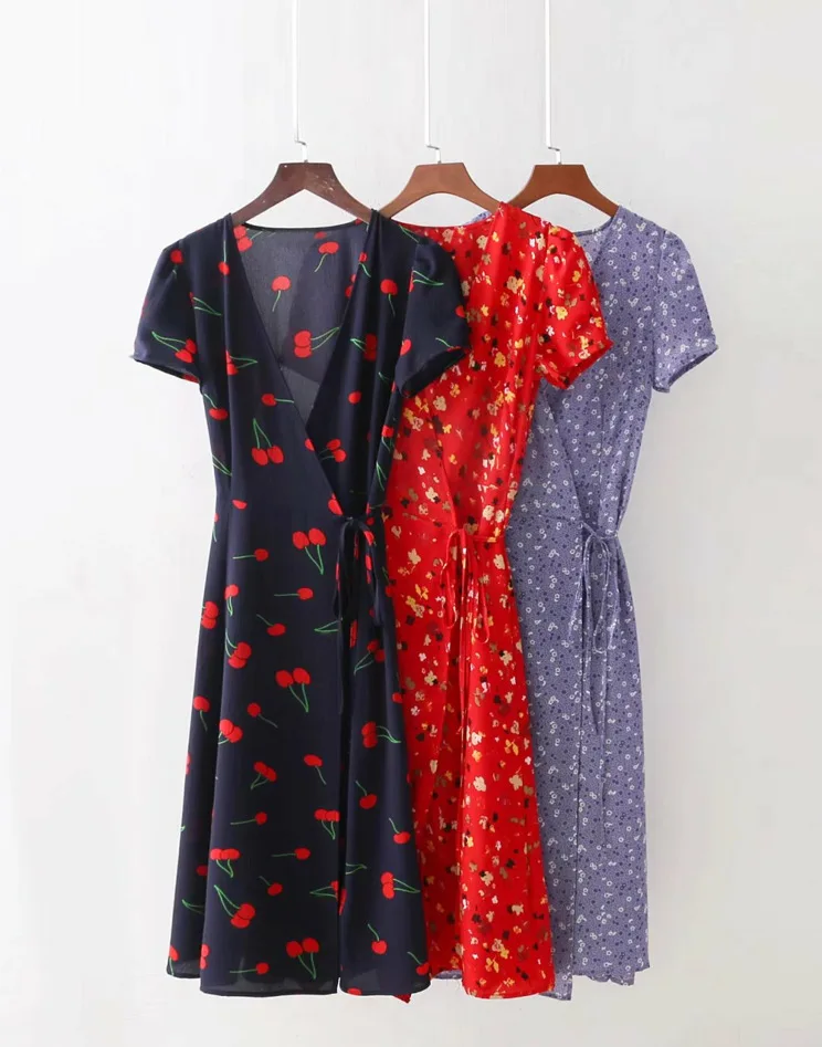 

Summer Cherry Printed Short Sleeved Oblique Lace-up Dress Multi-Color elegant women lady Plus Size casual female sundress