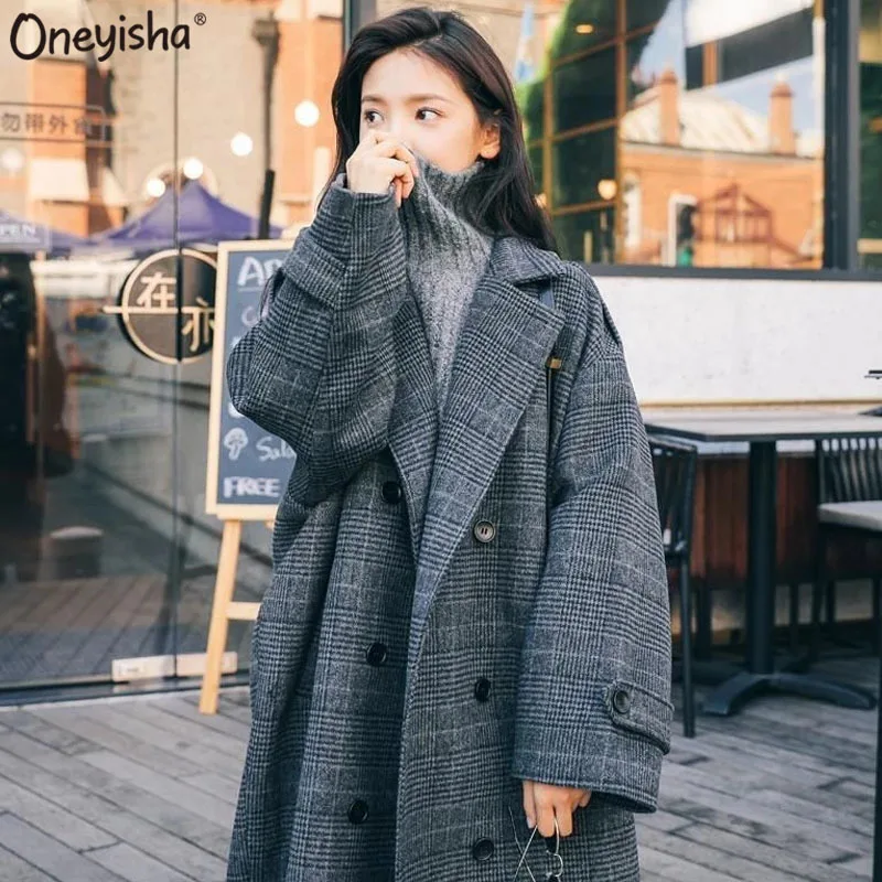 

Женское шерстяное пальто в клетку средней длины, корейские большие размеры, Осень-зима 2021, новые свободные шерстяные куртки выше колена для ...