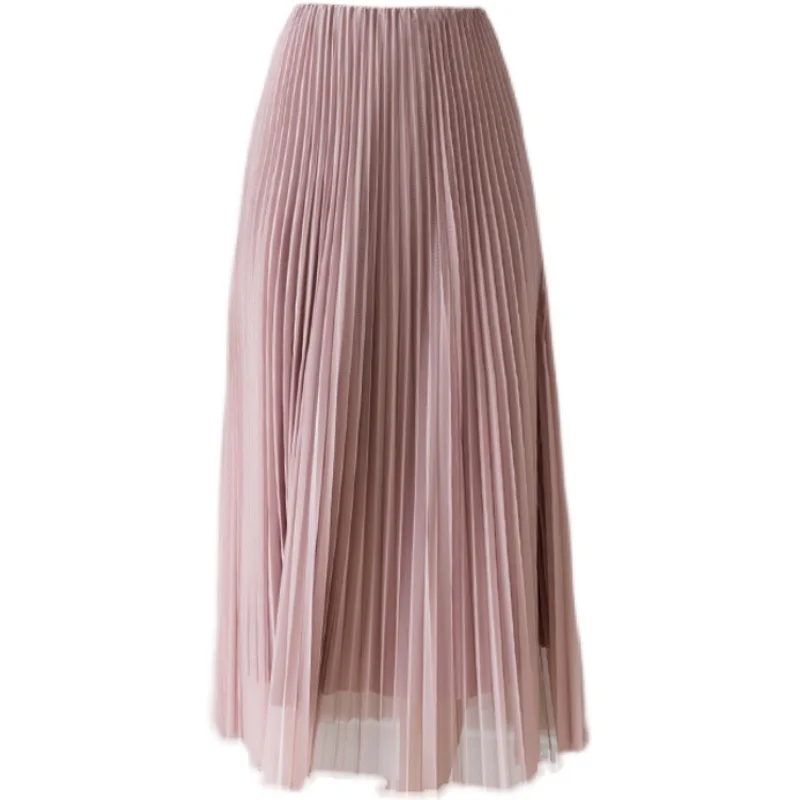 

Casual Solid Women A-line Tulle Pleated Long Skirts Summer Elegant Elastic High Waist Skirt Female Holiday Style Bottoms