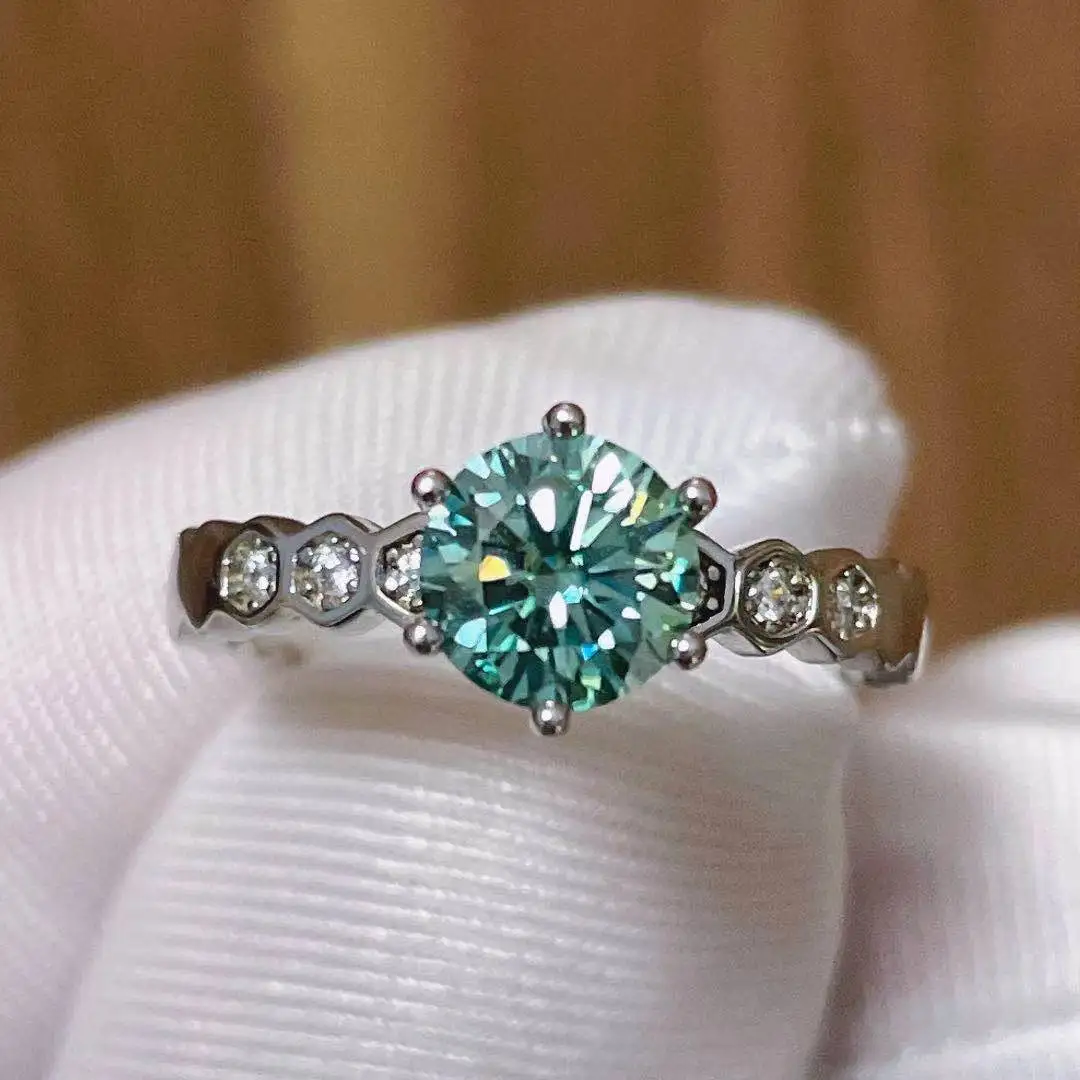 

Wholesale 1 Carat Blue Moissanite Rings Can Pass Diamond Test S925 Silver For Women Gift
