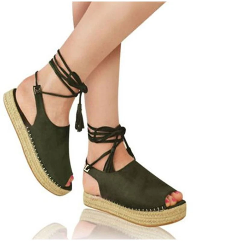 

Women Sandals Flock Peep Toe Platform Sandal Ladies Ankle Strap Straw Bottom Sewing Summer Flat Shoes Female Retro Footwear