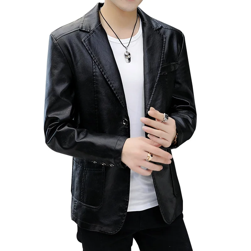 

Slim Suit PU Leather Jacket Mens Biker Jacket Casual Zippers Pockets Single Breasted Plus Cashmere Winter Vintage Warm Coat