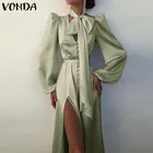 Женское платье-рубашка средней длины, летнее однотонное с высокой талией, с длинным рукавом, с V-образным вырезом, в богемном стиле, 2021