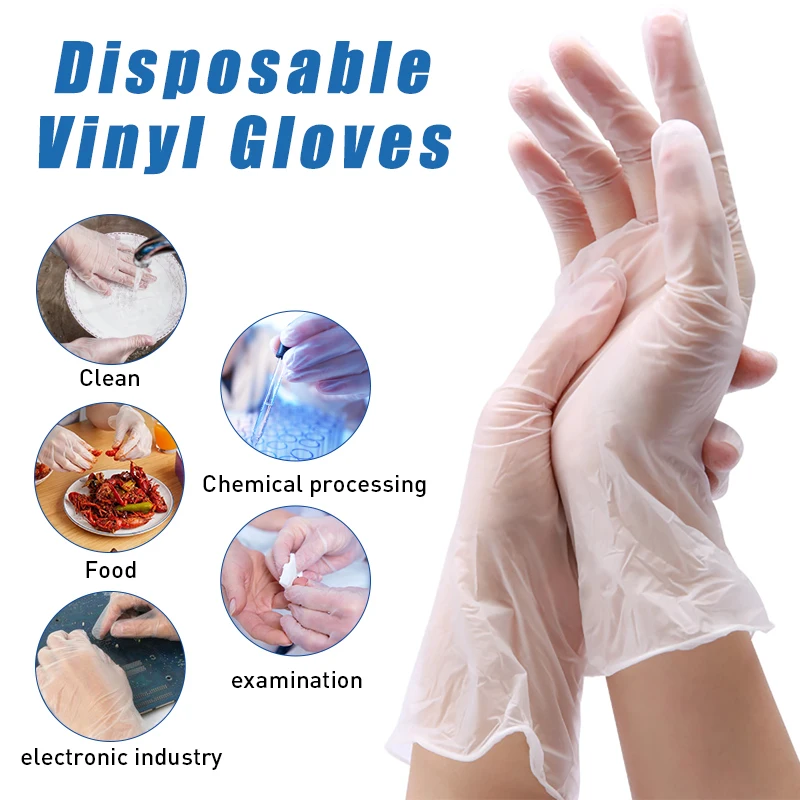 

100Pcs Disposable Vinyl Examination Gloves Food Cleaning Cooking Restaurant Kitchen Work Clear PVC Protective Gloves Thicken