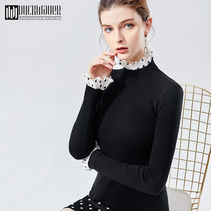 Женский трикотажный пуловер в горошек с высоким воротником и длинным рукавом |