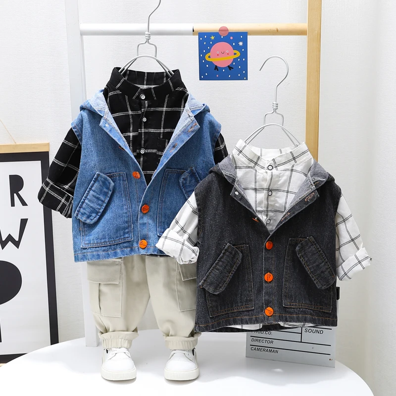 

HYLKIDHUOSE 2021 Spring Baby Boys Clothing Sets Toddler Infant Clothes Denim Vest Plaid Shirt Pants Children Kids Casual Clothes