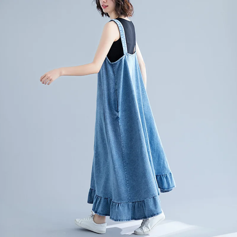 Suspenders Jean Dresses Ladies Loose Maxi Denim Dress Plus Size flare overall dress Baggy Cowboy Vintage Button Female Vestidos | Женская
