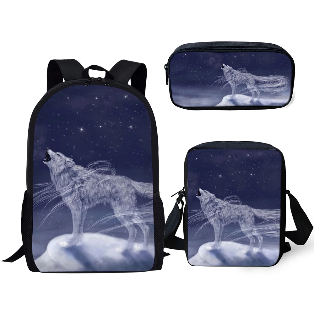 HaoYun Kids Backpacks Set Cute Wolf Prints Pattern School Bags Cartoon Animal Print Students 3PCs Backpack/Flaps Bag/Pen Bags