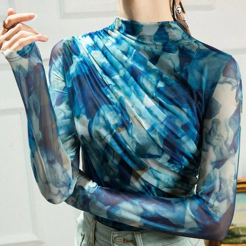

Mesh Ink Printing Oversized T Shirt Kpop Women Turtleneck Soft Tops For Girls Designer Long Sleeve Fashion Women's T-shirts 2021