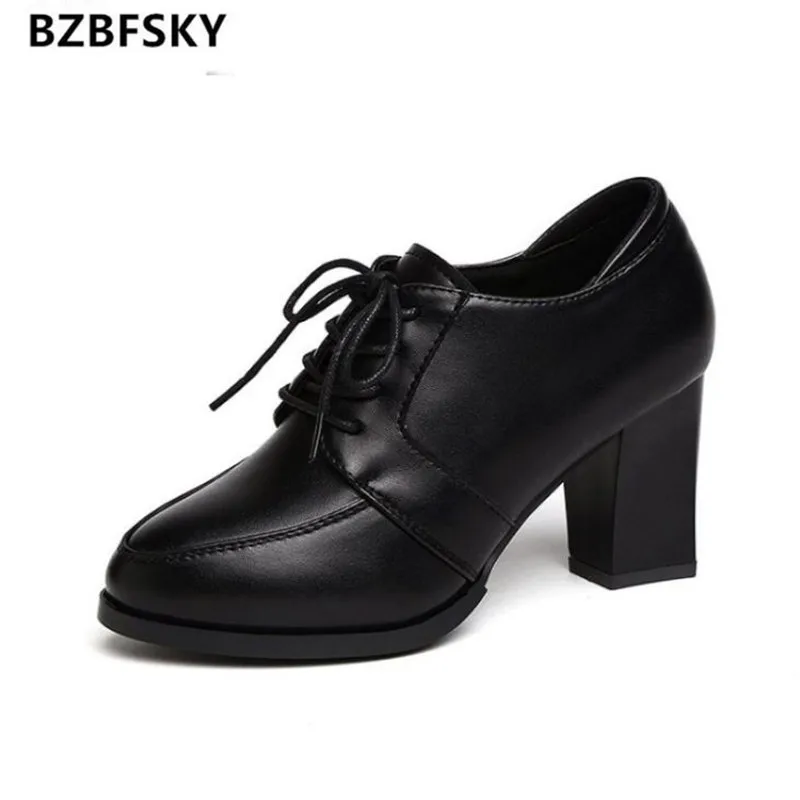 

BZBFSKY2021 High Quality Pu Leather Square Heels Ankle Boots for Women Fashion Lace Up Office Shoes Woman Black Waterproof Botas