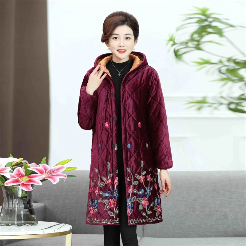 2022 Middle-aged Elderly Winter Three-layer Velvet Cotton Adult Overalls Female Mothers Loose Korean Mid-length Coats A665